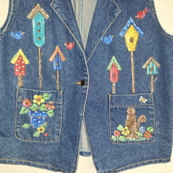 Vtg Sun Belt Denim Collared Hand Painted Women's  L Made in USA One Button - Picture 3 of 10